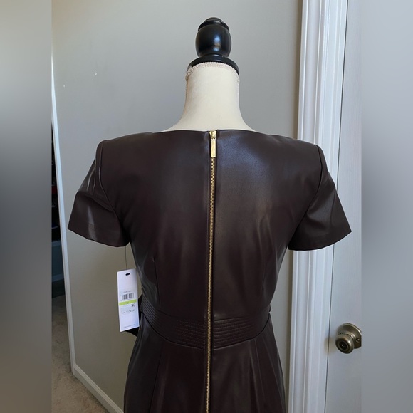 NWT Calvin Klein Belted Faux Leather Sheath Dress - Espresso Brown - Picture 8 of 16